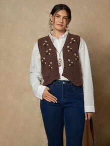 SHEIN VCAY 大码女式花卉刺绣单排扣休闲针织背心，秋季 - 咖啡棕 - 查看 4