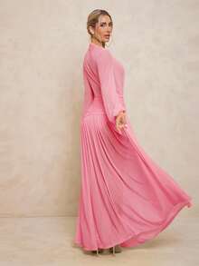 Lumalex 女式超长连衣裙，搭配紧身裤、透视 V 领、泡泡袖、褶饰系带、可拆卸金属扣和超大裙摆 - 粉色 - 查看 2