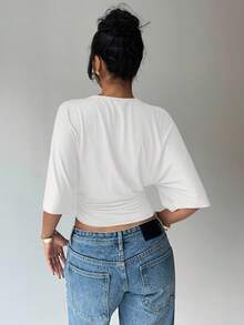 Aloruh Casual Solid Color Batwing Sleeve Cropped T-Shirt, Summer,White Shirt - White - View 2