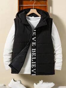 Teenage Boys Casual Letter Print Hooded Vest Padded Coat, Suitable For Daily Casual Wear And School, Autumn/Winter Fall - Black - View 1