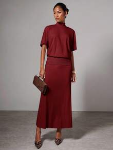 COSMINA Đầm cổ đứng màu trơn thanh lịch dành cho nữ khi đi làm - Màu Đỏ Sâu - Xem 3