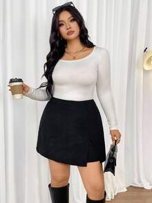 Firerie 大码女士休闲优雅简约罗纹条纹开衩短裤，百搭日常穿着，秋冬 - 黑色 - 查看 7