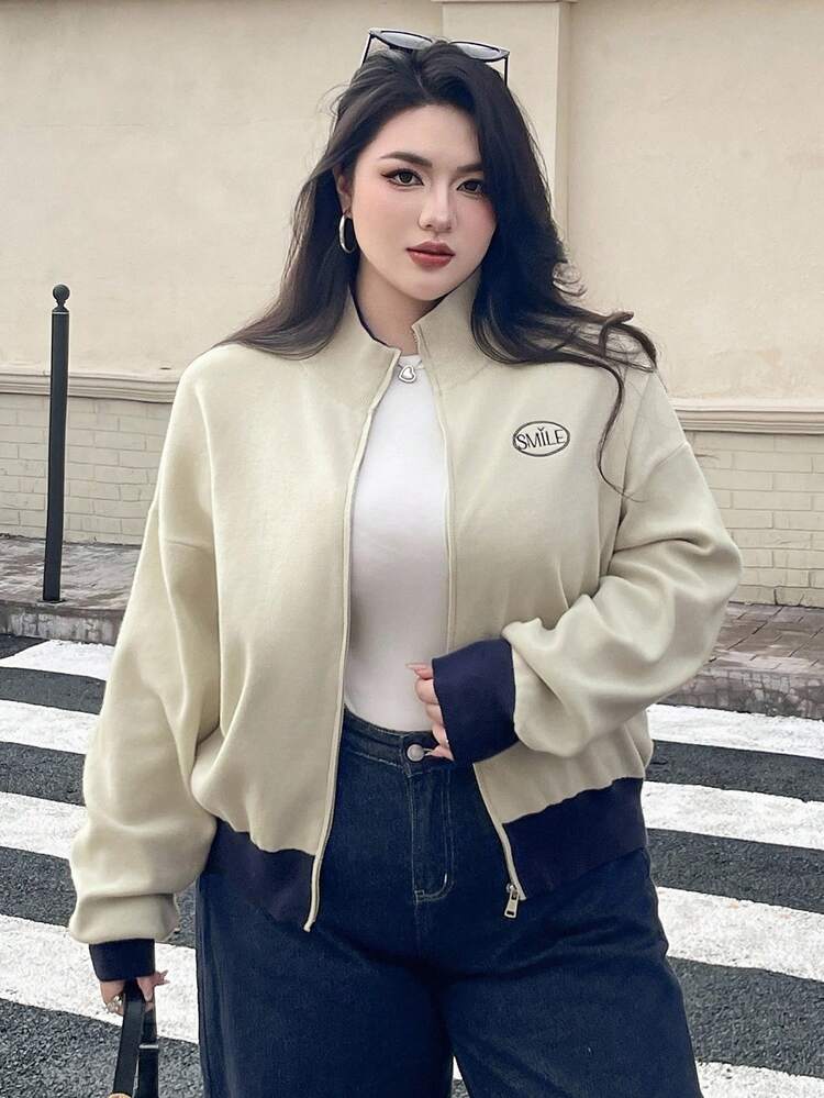 Dazy Plus Color Block Zip-Up Cardigan Sweater With Embroidery Pattern, Casual Plus Size Women, Autumn/Winter