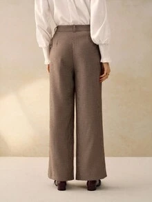 INAWLY 女士千鸟格口袋宽腿宽松休闲通勤裤 - 棕色 - 查看 2