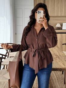 Weeklong Camisa casual de mujer de talla grande de unicolor, de manga larga, de una sola hilera de botones y con bolsillo - Café integral - Ver 5