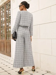 Aveloria Modichic Chaqueta de tweed a cuadros con decoración de botones de perla, combinada con un conjunto de traje clásico largo para mujer