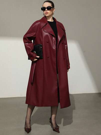 Aveloria Modichic 法式高端勃艮第酒红色 PU 皮革翻领长袖加大码女式夹克，秋季