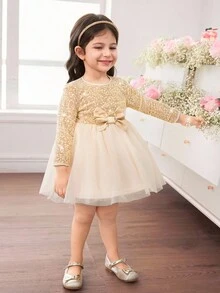 SHEIN Elegant & Cute Yellow Sequin Mesh Long Sleeve Dress Sequin Mesh Baby Girl Dress Beige Tulle Dress For Baby Girl Baby Girl Dresses With Bow Baby Girl Party Dress Gold Sequin Dress For Baby Girl - Yellow - View 3