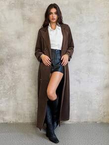 SHEIN Unity 女士休闲长款绒面革羊毛夹克，通勤风格，秋冬 - 棕色 - 查看 6