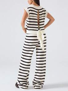 LYSMO 2025 Women Minimalism Black And White Striped Autumn Casual Everyday Contrast Knit Vest And Pants 2 Pieces Set Stockholm Style Business Outfits - Black and White - View 7
