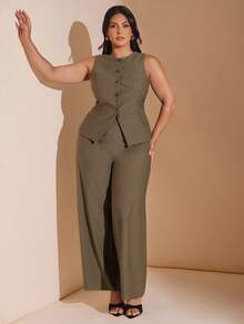 SHEIN BAE Plus Size Women's Brown Suit Set - Vest And Pants, Autumn/Winter/Early Autumn/Back To School/Going Out /Festival Outfits Women/Autumnfall/Wedding Guest Dress Women Plus Size/Formal Dresses For Women/Dresses For Women Elegant/Summer Dresses /Birthday Dress/Homecoming Dress/Off Shoulder Dress/Halloween Costume/Club Outfits Women Sexy/Christmas/Plus Size Suit/Office Set - Brown - View 2