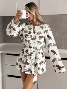 EURMUSE Women Cotton Cute Animal Pattern Long Sleeve Belted Cute Homewear Robe For Ladies - White - View 3