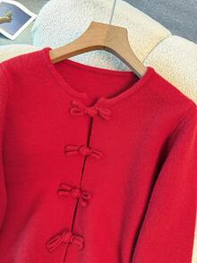 SHEIN LUNE Elegant Loose Fit Round Neck Long Sleeve Knitted Chinese-Style Button Design Red Women Cardigan, Spring/Autumn Christmas - Red - View 5