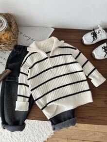 SHEIN LMoss Kids Young Boys' Autumn/Winter High Collar Striped Zip-Up Cardigan Sweater, Versatile For Home, School, Outings, Beige & Black Fall