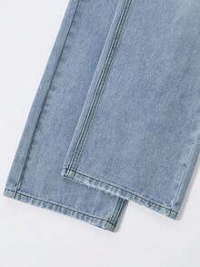 SHEIN 少女复古波西米亚风都市浅色水洗松紧腰直筒牛仔裤，配有扁平口袋 - 中等水洗藍 - 查看 5