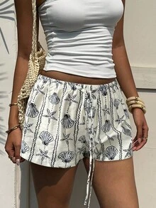 Aloruh Women's Sea Shell & Starfish Striped Button Decorated Belted Waist Shorts, Spring/Summer Summer - Black - View 5