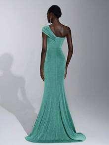 Elitara 优雅、浪漫、性感、极简、黄绿棕色、针织弹力面料、鱼骨纹、胸围杯、鱼尾裙、拖尾、时尚、网红、节日、度假、生日派对、婚礼活动、正式晚宴礼服 - 水鴨藍 - 查看 3