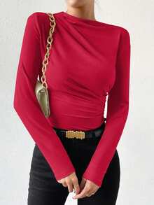 Zolique Women's Solid Color Stand Collar Raglan Sleeve Ruched Bodysuit - Red - View 5