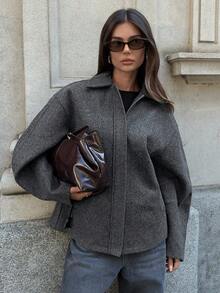 Aloruh 女款秋冬新款翻领拉链深灰色羊毛宽松常规外套 - 深灰色 - 查看 1