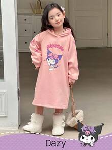 DAZY HELLO KITTY AND FRIENDS | SHEIN 女童卡通图案针织连帽抓绒连衣裙，冬季 - 粉色 - 查看 1