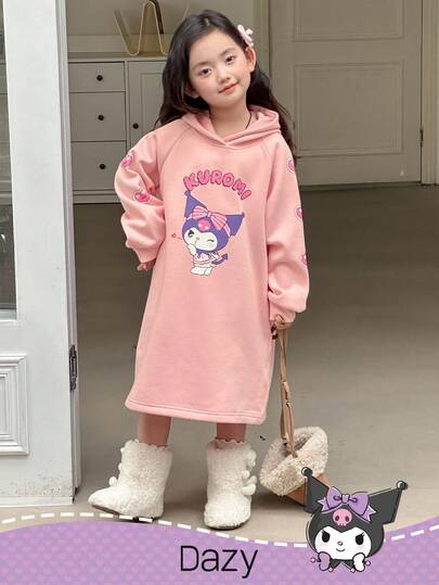 DAZY HELLO KITTY AND FRIENDS | SHEIN 女童卡通图案针织连帽抓绒连衣裙，冬季