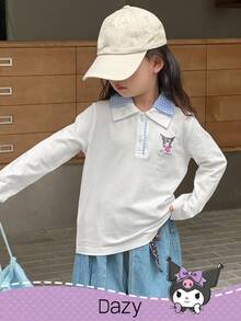 DAZY HELLO KITTY AND FRIENDS | SHEIN 少女卡通刺绣针织翻领长袖T恤，秋季 - 藍白色 - 查看 5
