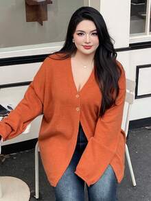 Dazy Plus 2 件大码女士宽松纯色 V 领开衫毛衣套装，休闲秋冬