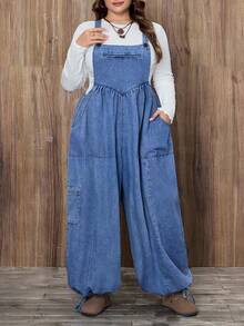 EMERY ROSE Plus Size Women Casual Pocket Denim Bib Overalls - Medium Wash - View 4