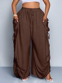 SOLERSUN Pantalones casuales sueltos de unicolor con bolsillo anudado de talla grande - Marrón - Ver 6