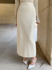 DAZY 女士优雅百搭纯色针织裙，适合通勤 - 米色 - 查看 1