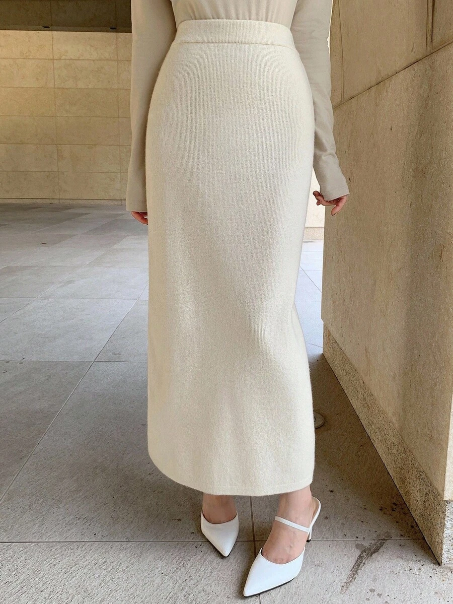 DAZY 女士优雅百搭纯色针织裙，适合通勤 - 米色 - 查看 1