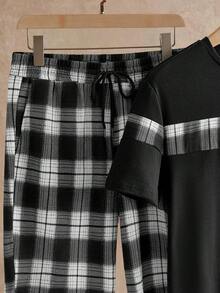 Manfinity VCAY 2pcs/Set Men Casual Knit Patchwork Raglan Short Sleeve T-Shirt And Drawstring Waist Shorts Set - Black - View 5