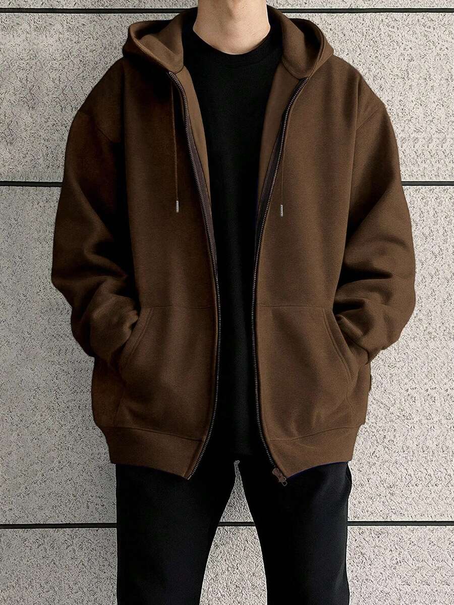 Manfinity Dauomo 男士纯色休闲日常百搭长袖连帽运动衫，秋季 - 棕色 - 查看 1