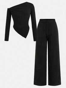 SHEIN 2pcs Tween Girls Casual Knit Asymmetric Collar T-Shirt And Wide Leg Pants Set, Suitable For Autumn/Winter, Daily Casual Wear Fall
