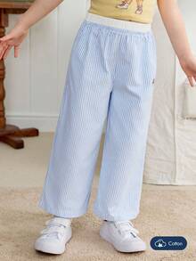 Joliand Joliand 1 件年轻女孩优雅城市学院风格可爱狗狗装饰蓝白条纹宽松裤，适合聚会、旅行、返校、派对、夏季和秋季 - 藍白色 - 查看 4