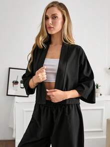 SHEIN Tall Set di due pezzi comodi e avvolgenti da donna, estivo, casual - nero - Visualizzare 4