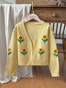 Vintaside Kids Girls' Cute Sunflower Shawl Cardigan Fall Winter - Yellow - View 1