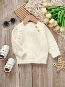 男婴米白色圆领套头毛衣，长袖针织衫，休闲简约婴儿基础款中性针织衫，新生儿毛衣，秋冬季男婴毛衣套装，女婴秋季毛衣 - 米色 - 查看 1