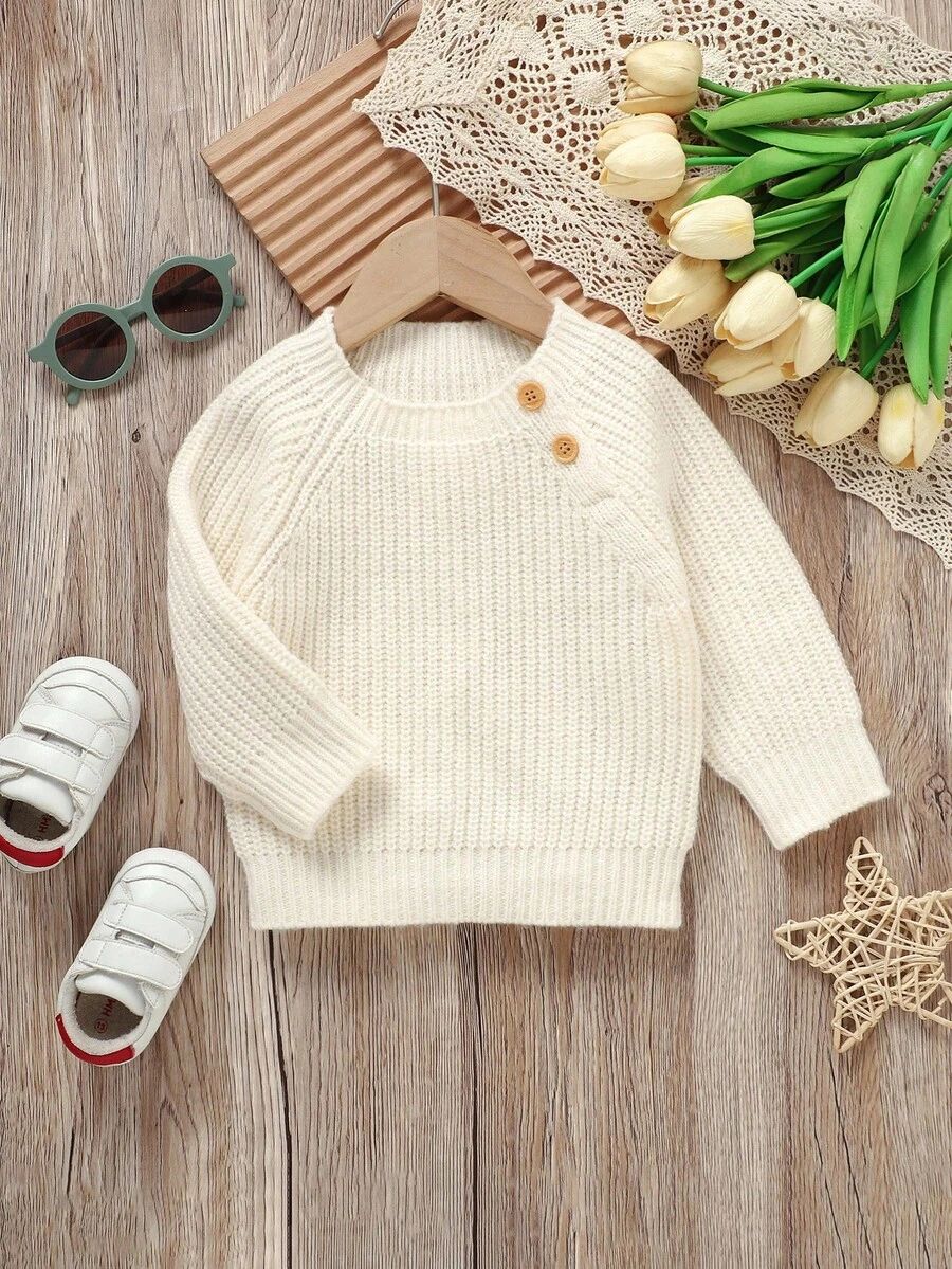 男婴米白色圆领套头毛衣,长袖针织衫,休闲简约婴儿基础款中性针织衫,新生儿毛衣,秋冬季男婴毛衣套装,女婴秋季毛衣 - 米色 - 查看 1