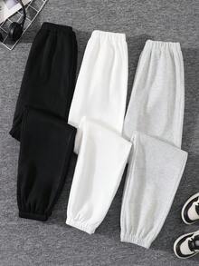 SHEIN 3 Pieces Set Teen Girl Fleece Sweatpants, Winter, Gothic Baggy , Back-To-School, White, Black Grey, Holiday Formal Work - Multicolor - View 2