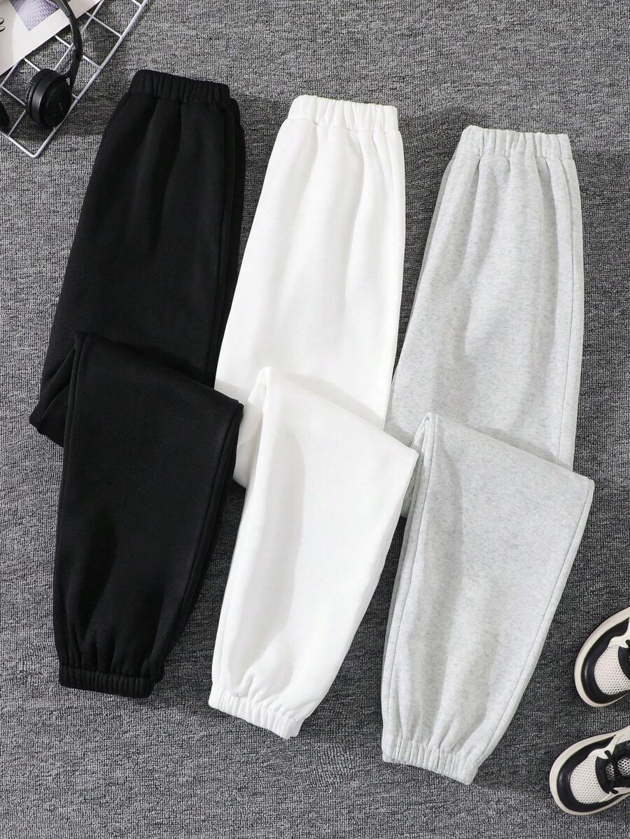 SHEIN 3 Pieces Set Teen Girl Fleece Sweatpants, Winter, Gothic Baggy , Back-To-School, White, Black Grey, Holiday Formal Work