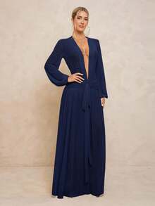 Lumalex Damen extra langes Kleid mit Leggings, transparenter V-Ausschnitt, Puffärmel, geraffter Bindedetail, abnehmbarer Metallschnalle und Oversized Rock - marineblau - Übersicht 8