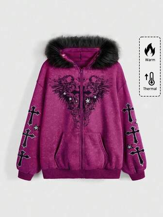Fairycore Plus Size Lily Flower Rhinestone Distressed Faux Fur Patchwork Hooded Long Sleeve Sweatshirt