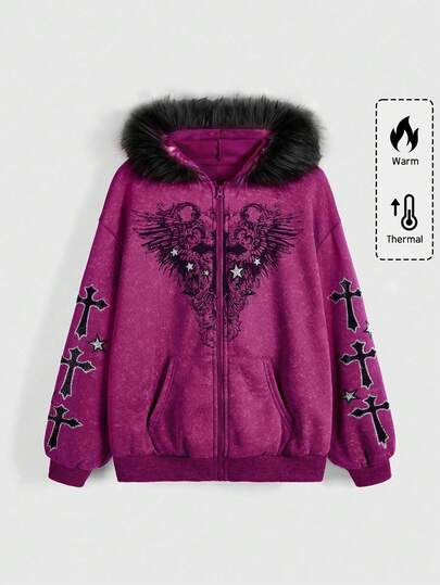 Fairycore Plus Size Lily Flower Rhinestone Distressed Faux Fur Patchwork Hooded Long Sleeve Sweatshirt