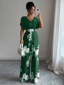 Elenzga Women's V-Neck Loose Pleated Waist Print Long Jumpsuit - Green - View 6