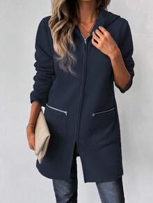 EMERY ROSE 女式秋季长袖连帽夹克，落肩，卫衣材质，拉链装饰，中长款，休闲 - 藏蓝色 - 查看 4