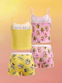 SpongeBob SquarePants | SHEIN 4pcs TPink & Yellow Cute Cartoon Print Cami Top & Shorts Lingerie Undershirt Set , Kawaii,Y2K,Cute,Sweet Fall Winter Girls Cute Set