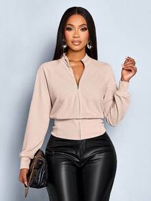 SOLERSUN 女士休闲性感优雅拉链外套，适合冬季返校季、感恩节等场合 - 卡其色 - 查看 1