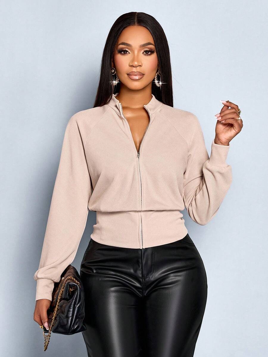 SOLERSUN 女士休闲性感优雅拉链外套，适合冬季返校季、感恩节等场合 - 卡其色 - 查看 1