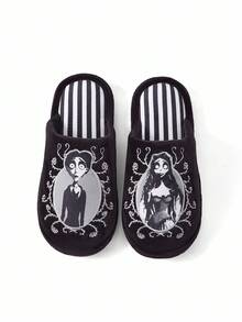 Corpse Bride X SHEIN 时尚男女黑色刺绣卡通人物图案防滑室内拖鞋柔软毛绒保暖冬季情侣家居鞋耐用鞋底，居家卧室空调房春秋季男女通用 - 黑色 - 查看 5
